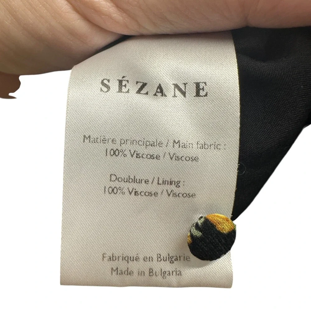Sezane Margot Floral Mini Dress Black Yellow Puff Sleeve Ruffle Hem Size 36